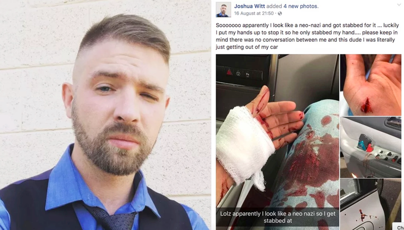 Joshua Witt sporting the haircut that he falsely alleged was the reason that he was stabbed (left) Facebook post that went viral claiming Joshua Witt had been stabbed (right)